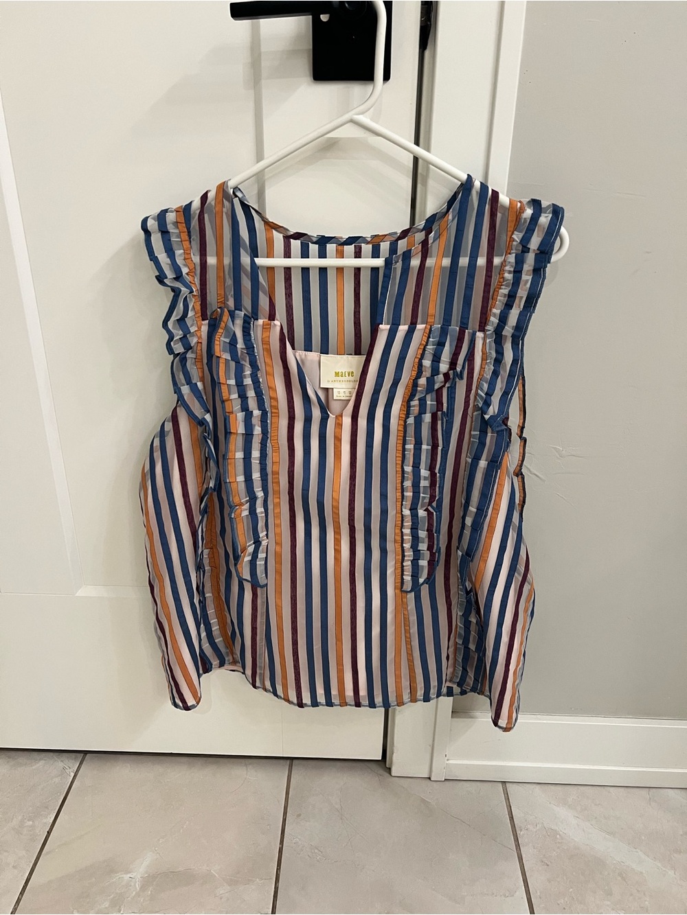 Maeve Striped Ruffle Sleeveless Top in Blue, Tan & Burgundy